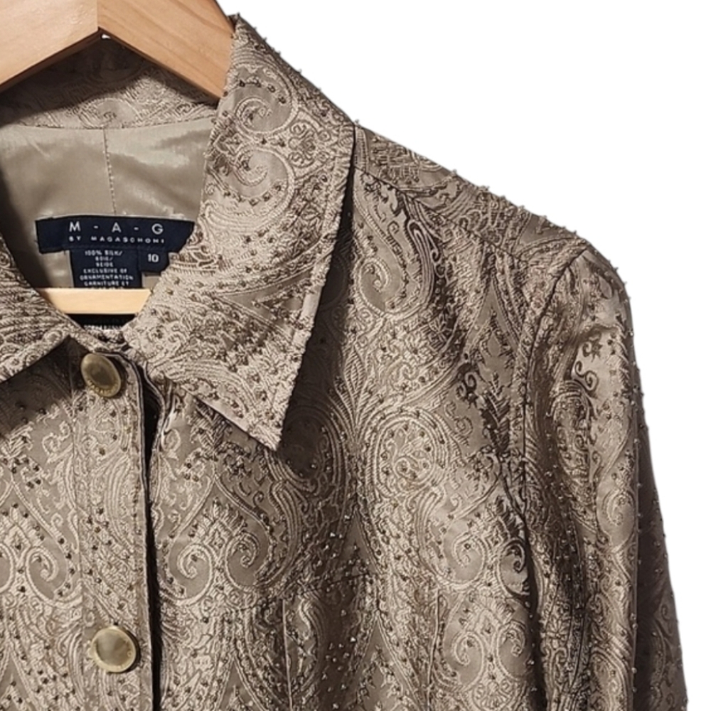 MAGASCHONI Hand Beaded Silk Jacket 10 L Iridescent Floral Gold Wearable Art - Picture 15 of 16